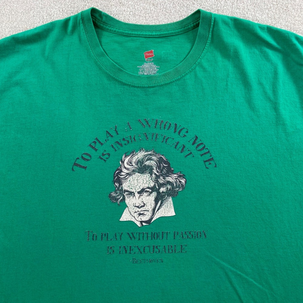 Y2K Beethoven Music Quote Hanes T-Shirt Mens XL Green Graphic Passion Tee